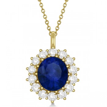 Oval Blue Sapphire & Diamond Pendant Necklace 14k Yellow Gold 5.40ctw