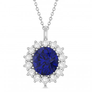 Oval Lab Blue Sapphire & Diamond Pendant Necklace 18k White Gold (5.40ctw)