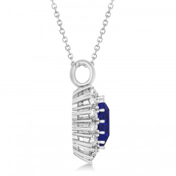 Oval Lab Blue Sapphire & Diamond Pendant Necklace 18k White Gold (5.40ctw)