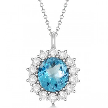 Oval Blue Topaz & Diamond Pendant Necklace 14k White Gold (5.40ctw)
