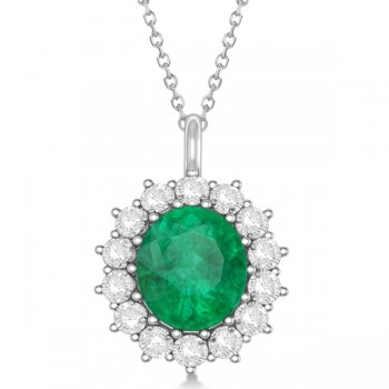 Oval Lab Emerald & Diamond Pendant Necklace 14k White Gold (5.40ctw)
