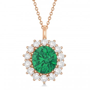Oval Lab Emerald & Diamond Pendant Necklace 18K Rose Gold (5.40ctw)
