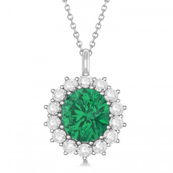 Oval Lab Emerald & Diamond Pendant Necklace 18K White Gold (5.40ctw)