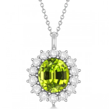 Oval Peridot & Diamond Pendant Necklace 14k White Gold (5.40ctw)