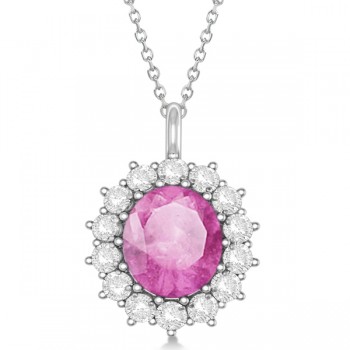 Oval Lab Pink Sapphire & Diamond Pendant Necklace 14k White Gold (5.40ctw)