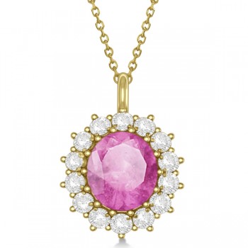 Oval Lab Pink Sapphire & Diamond Pendant Necklace 14k Yellow Gold 5.40ctw