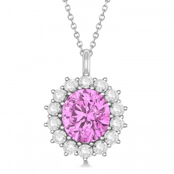Oval Lab Pink Sapphire & Diamond Pendant Necklace 18K White Gold (5.40ctw)