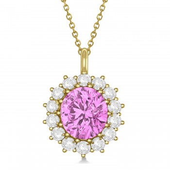Oval Lab Pink Sapphire & Diamond Pendant Necklace 18K Yellow Gold 5.40ctw
