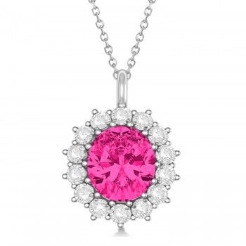 Oval Lab Pink Tourmaline & Diamond Pendant Necklace 14k White Gold (5.40ctw)