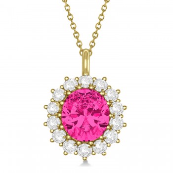 Oval Lab Pink Tourmaline & Diamond Pendant Necklace 14k Yellow Gold (5.40ctw)