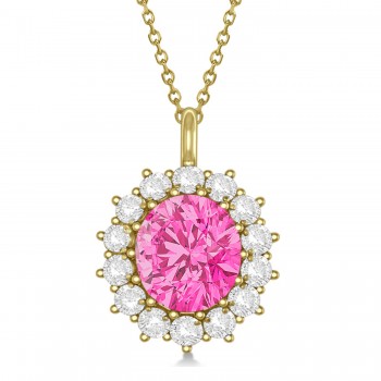 Oval Lab Pink Tourmaline & Diamond Pendant Necklace 18K Yellow Gold (5.40ctw)