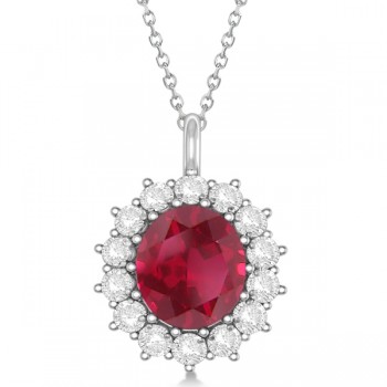 Oval Lab Ruby & Diamond Pendant Necklace 14k White Gold (5.40ctw)