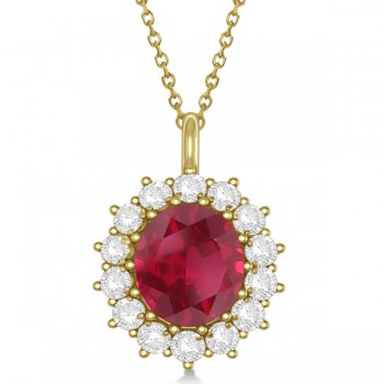 Oval Lab Ruby & Diamond Pendant Necklace 14k Yellow Gold (5.40ctw)