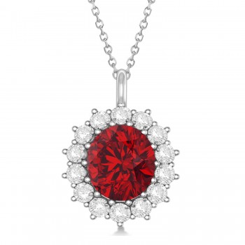 Oval Lab Ruby & Diamond Pendant Necklace 18K White Gold (5.40ctw)