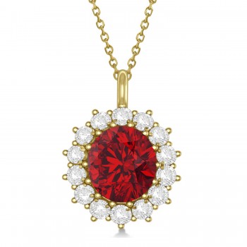 Oval Lab Ruby & Diamond Pendant Necklace 18K Yellow Gold (5.40ctw)