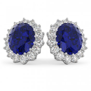 Oval Blue Sapphire & Diamond Accented Earrings 14k White Gold (10.80ctw)