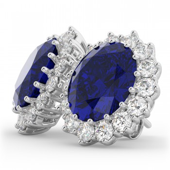 Oval Blue Sapphire & Diamond Accented Earrings 14k White Gold (10.80ctw)