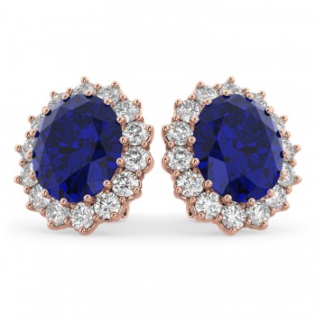 Oval Lab Blue Sapphire & Diamond Accented Earrings 14k Rose Gold (10.80ctw)