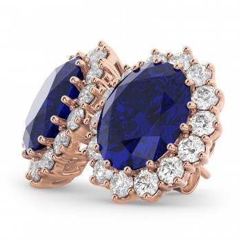 Oval Lab Blue Sapphire & Diamond Accented Earrings 14k Rose Gold (10.80ctw)