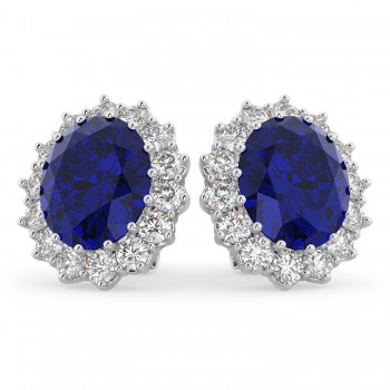 Oval Lab Blue Sapphire & Diamond Accented Earrings 14k White Gold (10.80ctw)