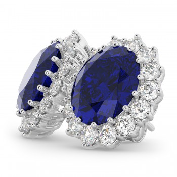 Oval Lab Blue Sapphire & Diamond Accented Earrings 14k White Gold (10.80ctw)