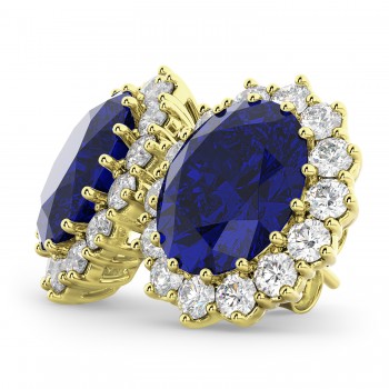 Oval Lab Blue Sapphire & Diamond Accented Earrings 14k Yellow Gold (10.80ctw)