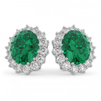 Oval Lab Emerald and Diamond Earrings 14k White Gold (10.80ctw)