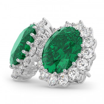 Oval Lab Emerald and Diamond Earrings 14k White Gold (10.80ctw)