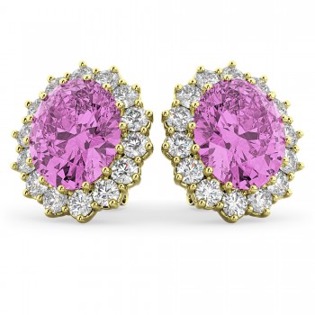 Oval Pink Sapphire & Diamond Accented Earrings 14k Yellow Gold 10.80ctw