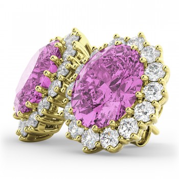 Oval Pink Sapphire & Diamond Accented Earrings 14k Yellow Gold 10.80ctw