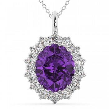 Oval Amethyst & Diamond Halo Pendant Necklace 14k White Gold (6.40ct)