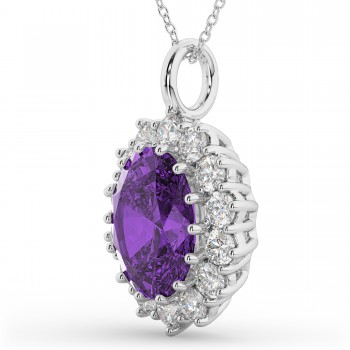 Oval Amethyst & Diamond Halo Pendant Necklace 14k White Gold (6.40ct)