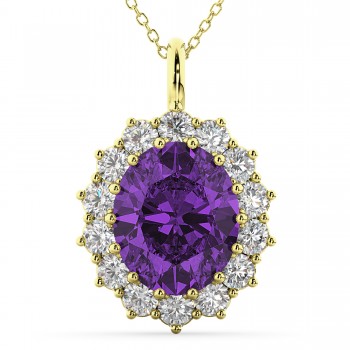 Oval Amethyst & Diamond Halo Pendant Necklace 14k Yellow Gold (6.40ct)