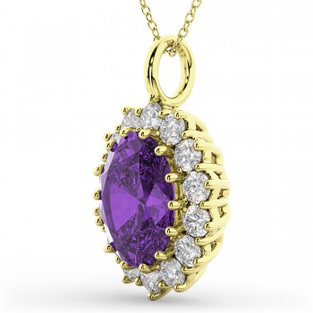 Oval Amethyst & Diamond Halo Pendant Necklace 14k Yellow Gold (6.40ct)