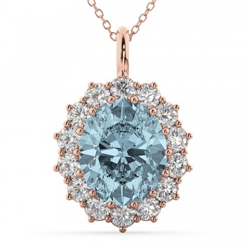 Oval Aquamarine & Diamond Halo Pendant Necklace 14k Rose Gold (6.40ct)