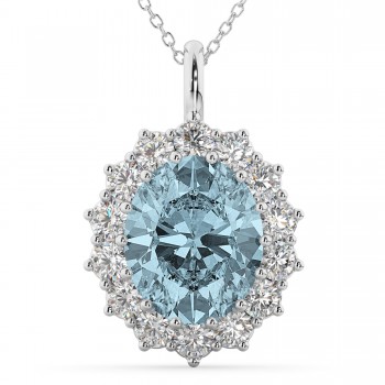 Oval Aquamarine & Diamond Halo Pendant Necklace 14k White Gold (6.40ct)