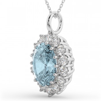 Oval Aquamarine & Diamond Halo Pendant Necklace 14k White Gold (6.40ct)