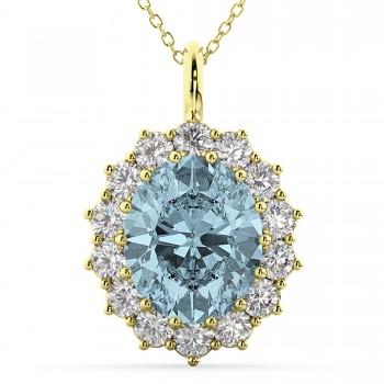 Oval Aquamarine & Diamond Halo Pendant Necklace 14k Yellow Gold (6.40ct)