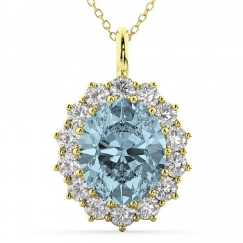 Oval Aquamarine & Diamond Halo Pendant Necklace 14k Yellow Gold (6.40ct)