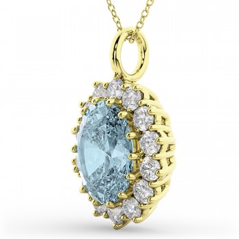 Oval Aquamarine & Diamond Halo Pendant Necklace 14k Yellow Gold (6.40ct)
