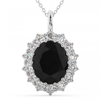 Oval Black Diamond & Diamond Halo Pendant Necklace 14k White Gold (6.40ct)