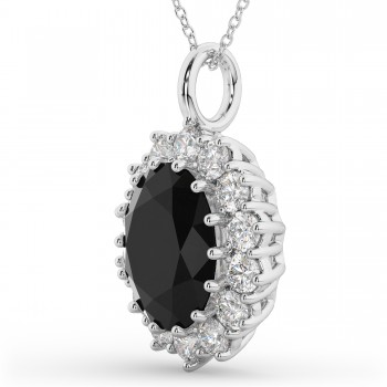 Oval Black Diamond & Diamond Halo Pendant Necklace 14k White Gold (6.40ct)