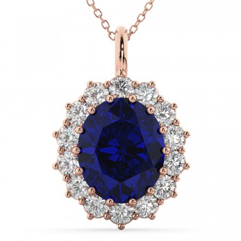 Oval Blue Sapphire & Diamond Halo Pendant Necklace 14k Rose Gold (6.40ct)