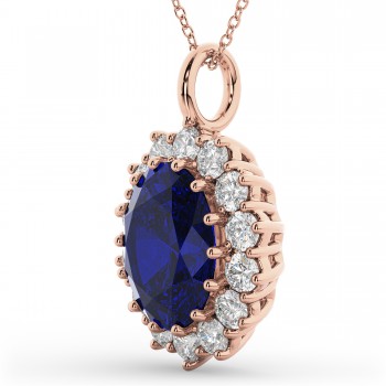 Oval Blue Sapphire & Diamond Halo Pendant Necklace 14k Rose Gold (6.40ct)