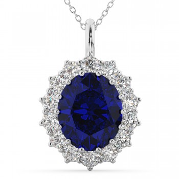 Oval Blue Sapphire & Diamond Halo Pendant Necklace 14k White Gold (6.40ct)