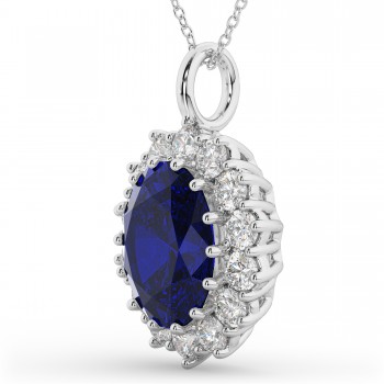 Oval Blue Sapphire & Diamond Halo Pendant Necklace 14k White Gold (6.40ct)