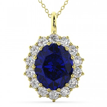 Oval Blue Sapphire & Diamond Halo Pendant Necklace 14k Yellow Gold (6.40ct)