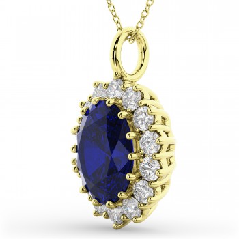 Oval Blue Sapphire & Diamond Halo Pendant Necklace 14k Yellow Gold (6.40ct)