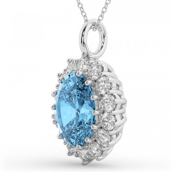 Oval Blue Topaz & Diamond Halo Pendant Necklace 14k White Gold (6.40ct)