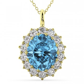 Oval Blue Topaz & Diamond Halo Pendant Necklace 14k Yellow Gold (6.40ct)